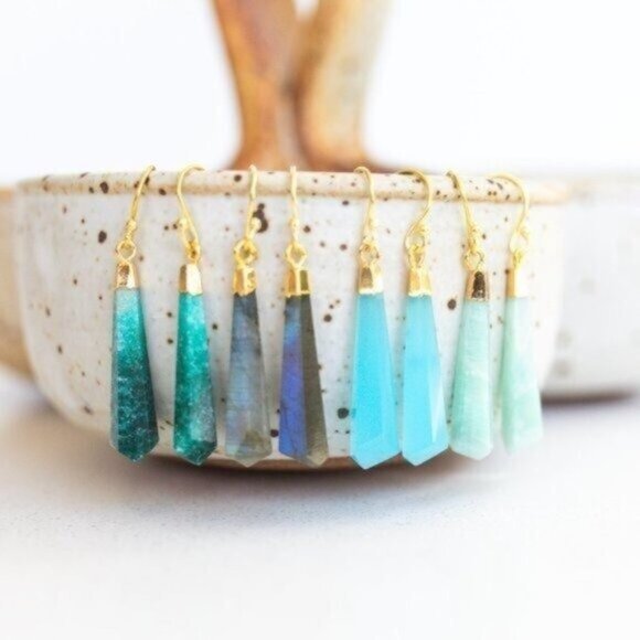 Labradorite Gemstone Geometric Drop Earrings Unique, Pretty Earrings - Picture 5 of 7